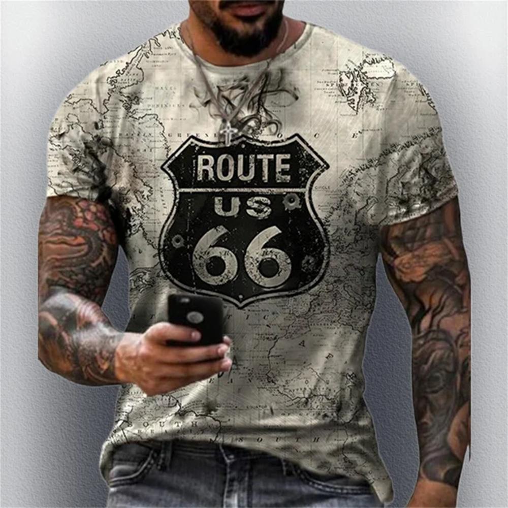 Horký výprodej Letní pánské oblečení Pánské oversized krátkorukávové tričko Pánské 3D tištěné Klasický retro krátkorukávový top Tričko Route 66