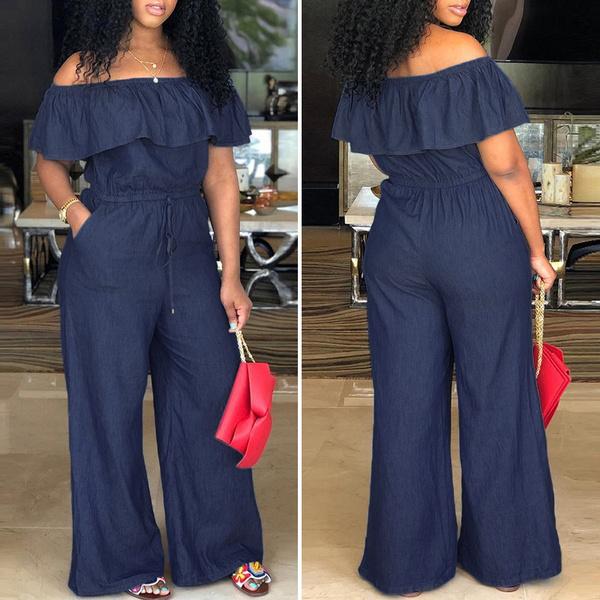 Sommer-Frauen-Overalls mit Schulterfrei, einfarbig, Rüschen, weites Bein