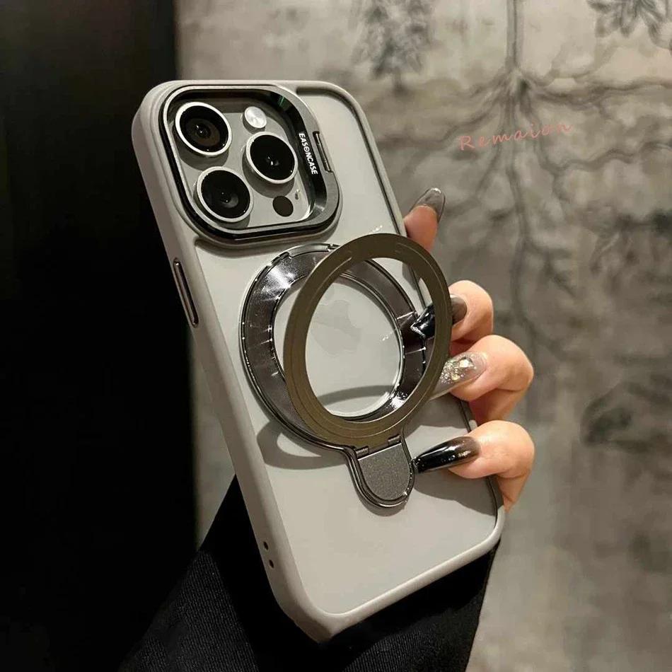 Ring Magnetic Shockproof Bracket Phone Case for iPhone 13 11 12 14 15 16 pro Max 15 plus Magsafe Clear Glass Lens Protect Cover