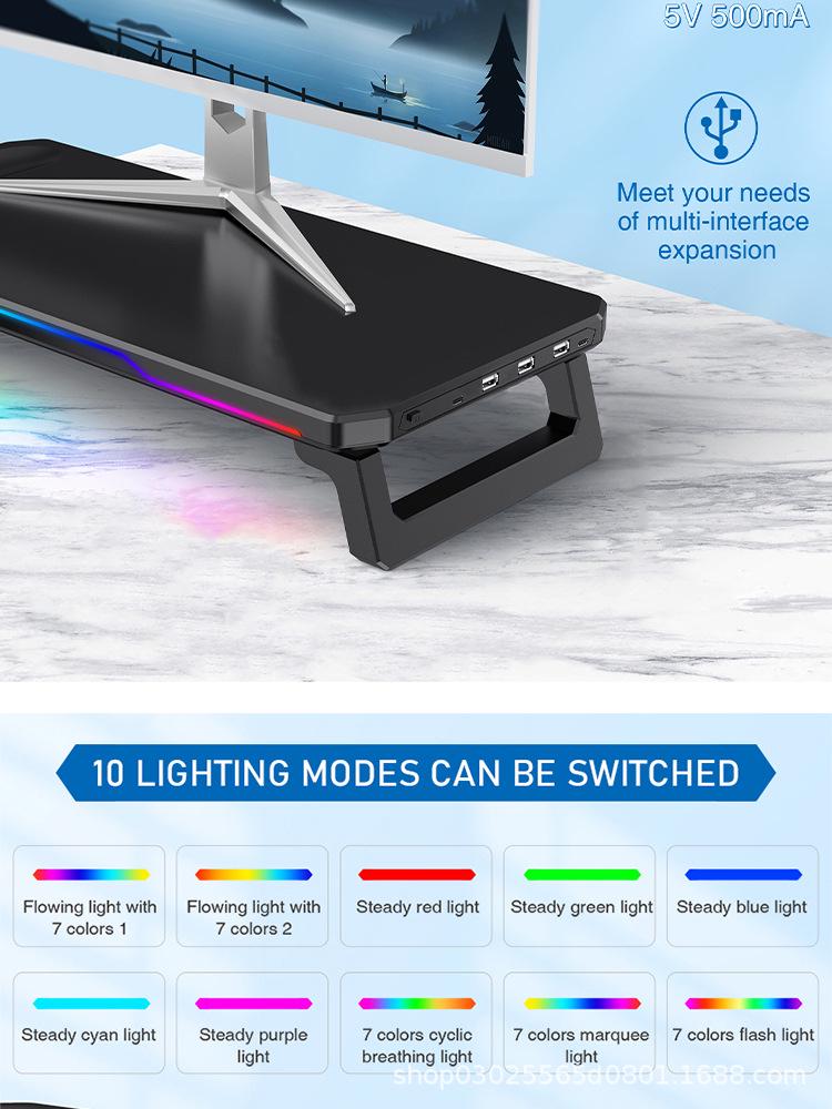 Ergonomický RGB stojan na displej s USB rozbočovačem: Stolní stojan na počítač bez montáže a kancelářský úložný regál