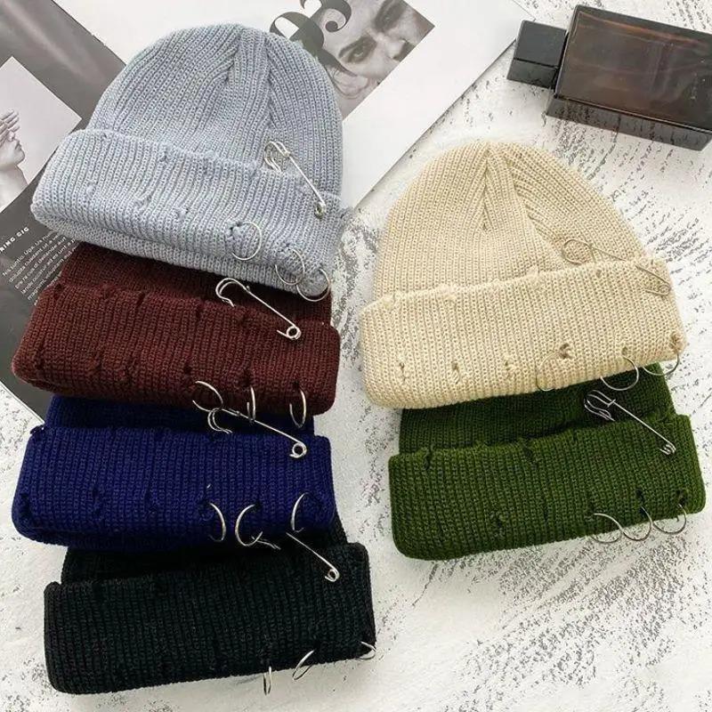 Unisex Warm Knitted Hats Hip Hop Beanies Cap Metal Pin Ring Brimless Hat Ripped Holes Edging Skullcap Hat Winter Caps
