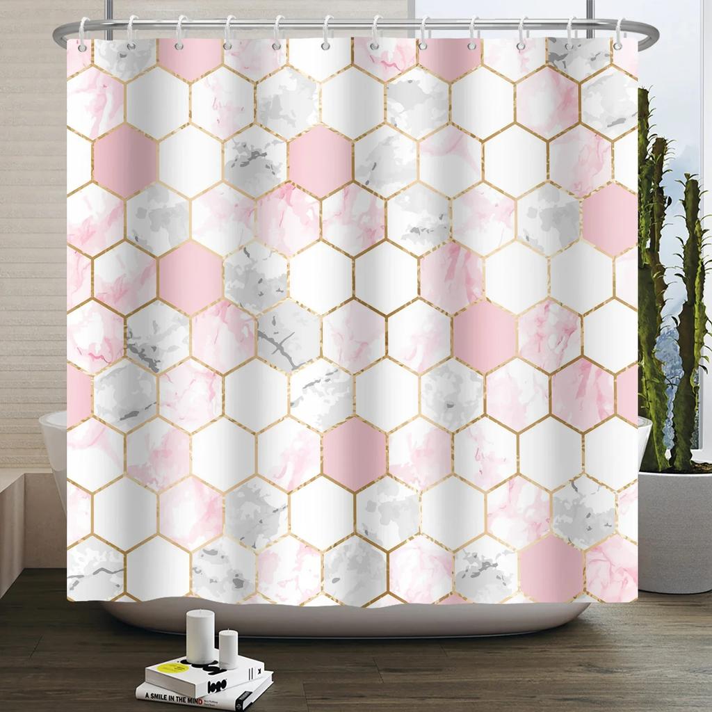 Geometric Shower Curtain Modern Abstract Brown Marble Luxury Gold Bronze Bathtub Screen Waterproof Bathroom Decor