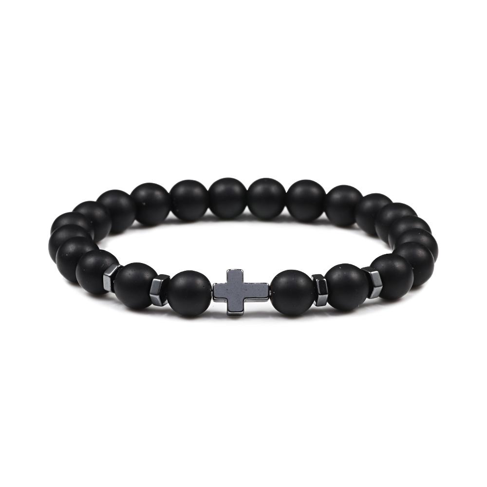 Dropshipping Hot Men Natural Lava Stone Bead Bracelets Hematite Cross Rosary Meditation Prayer Jesus Bracelet Women Yoga Jewelry