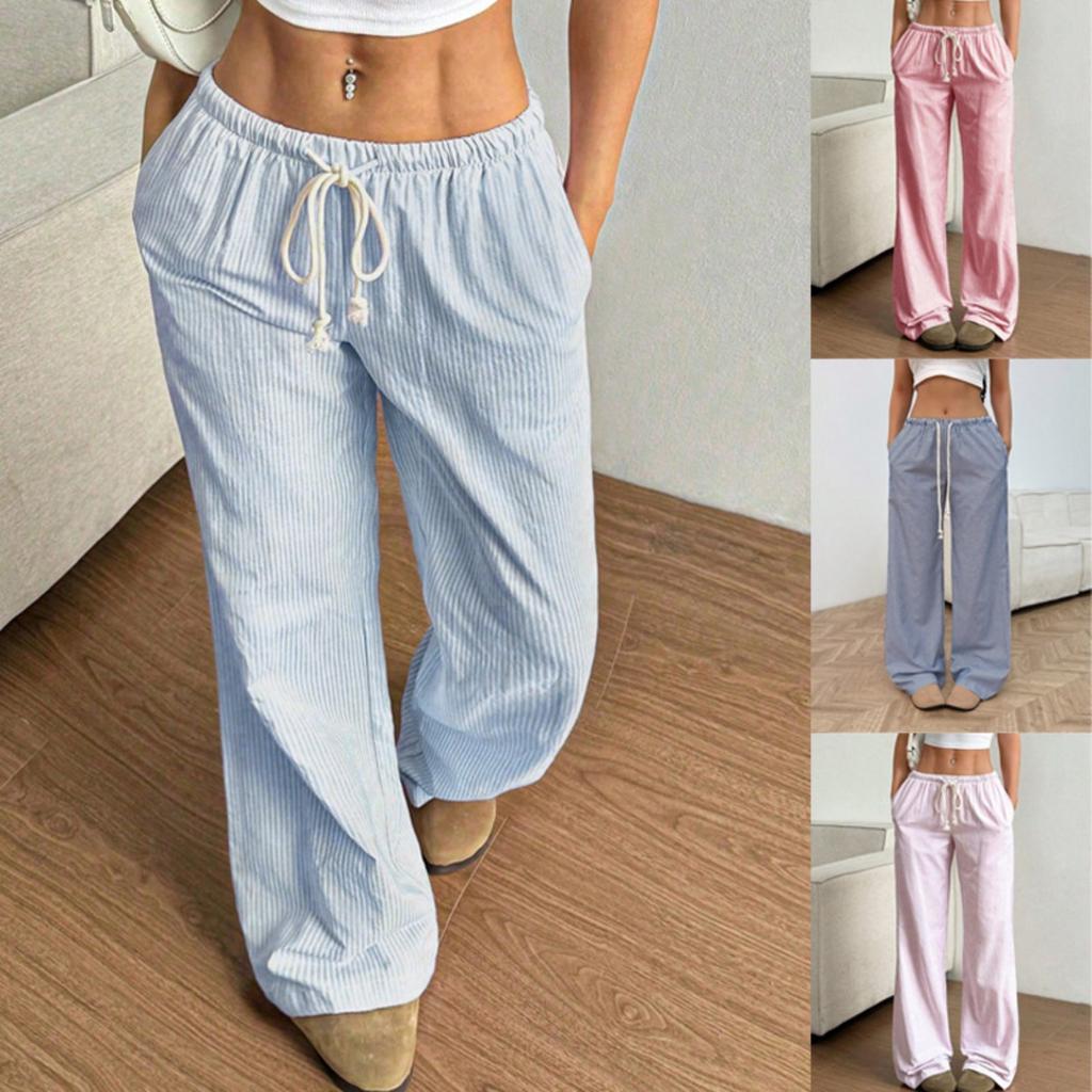 Women's Elastic Drawstring Waist Wide Leg Pants Loose Fit Striped Print Soft Polyester Casual Summer Trousers