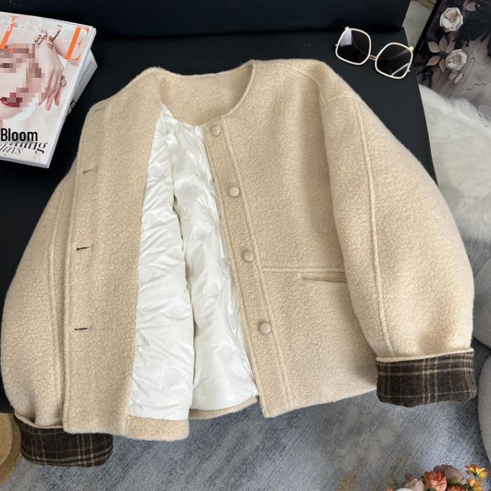 

Утолщенное шерстяное пальто с наполнителем из пуха и длинными рукавами - Зимняя однотонная стильная короткая куртка M