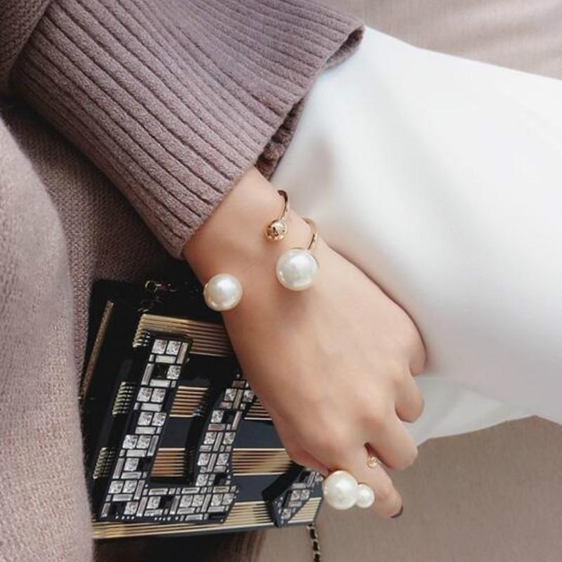 Temperament  Jewelry Wind Punk Wind Metal Size Pearl Opening Bracelet and Ring Set Accessories
