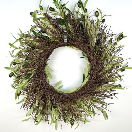 Artificial Olive Wreath for Front Door Realistic Green Olive Branches with Bean for Farmhouse Indoor Outdoor Home Wall Window Wedding Decor