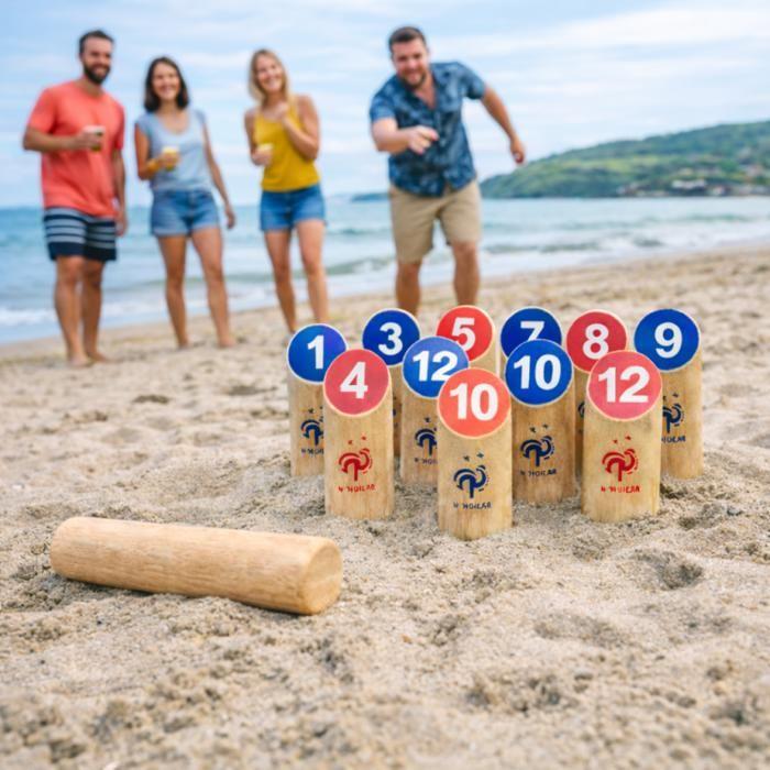 Jeu de Quilles Finlandaises - FFF - Produit Officiel Équipe de France FFF - Bois naturel - 12 quilles + lanceur - Transportable
