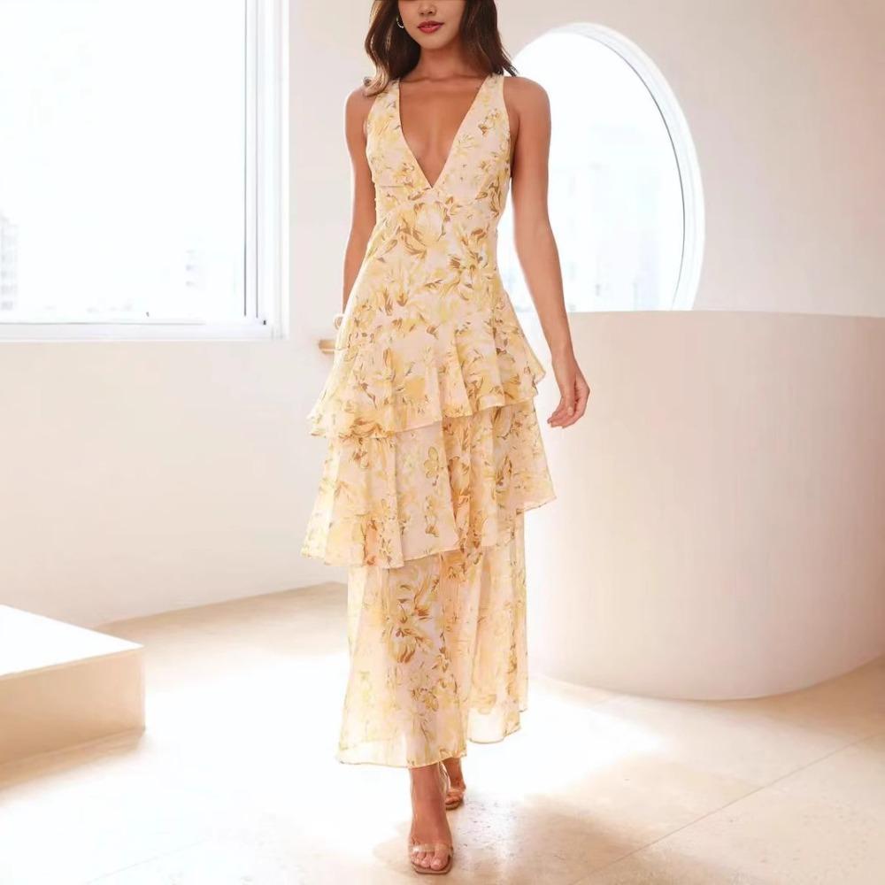 Dames V-hals Mouwloze Bloemenprint Maxi Jurk Middelhoge Taille Elegante Ruche Jurk
