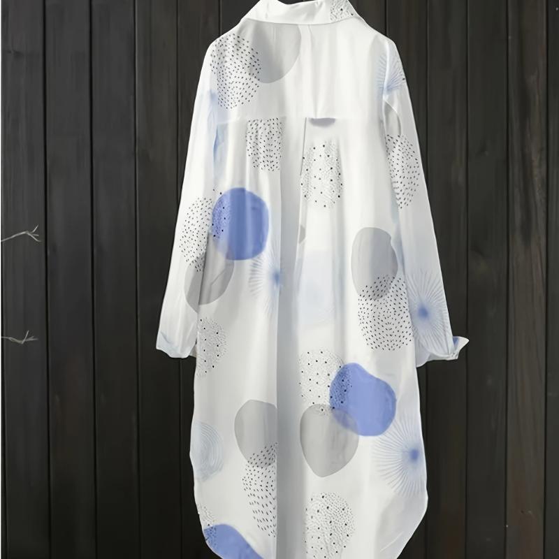 Lightweight Long Sleeve Geometric Print Shirt Women's Loose Fit Blouse, Mid-Thigh Length Button Front Casual Chic Tops for All Seasons