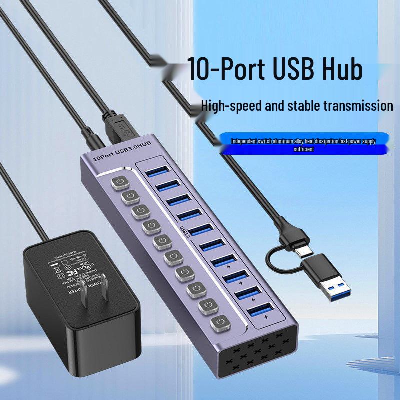 10-Port USB 3.0 Hub Expander for Laptops, Phones, and Desktops