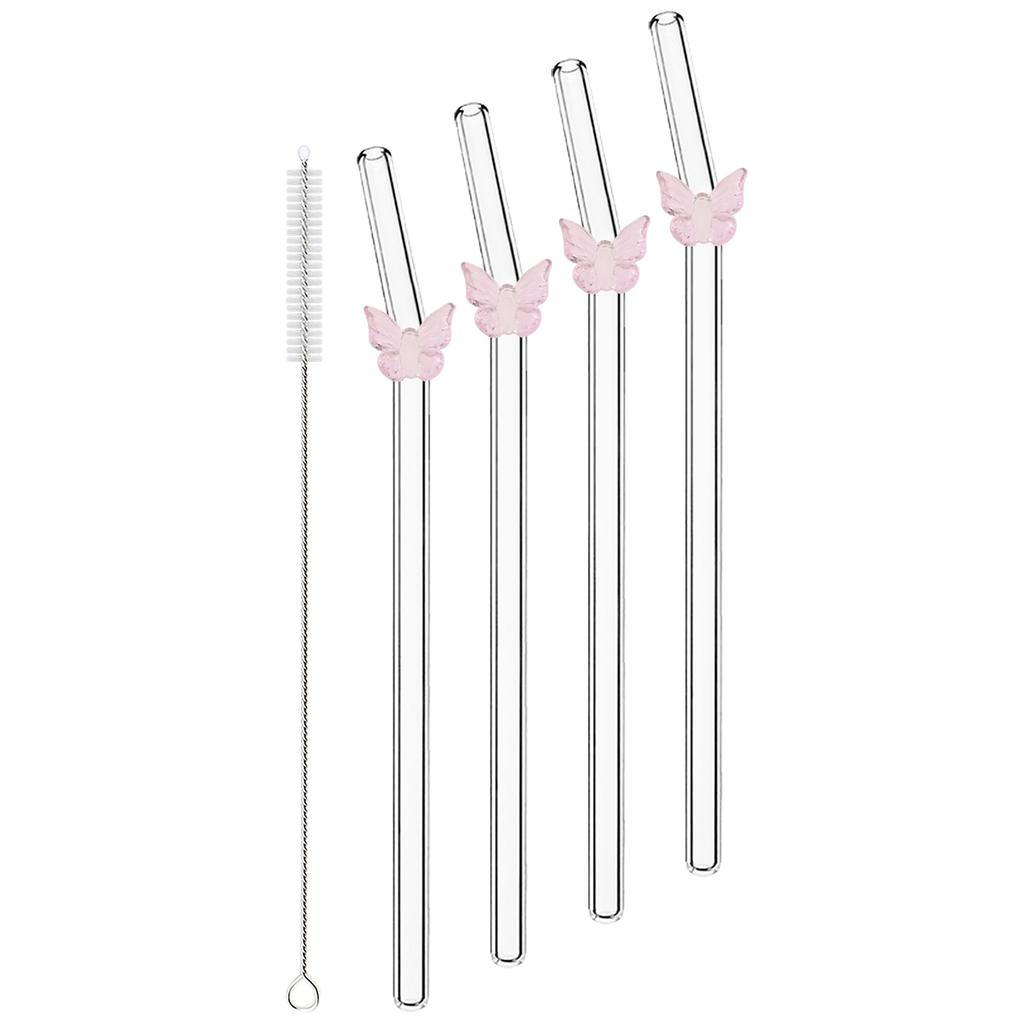 4pcs Butterfly Glass Straw with Brush 200*8mm Reusable Drinking Straw Set Milkshakes Cocktail Coffee Straws Home Bar Accessories