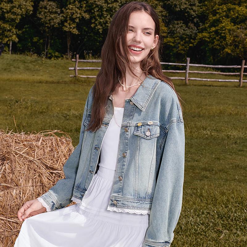 Betu Women's Short Lace-Trim Washed Denim Jacket