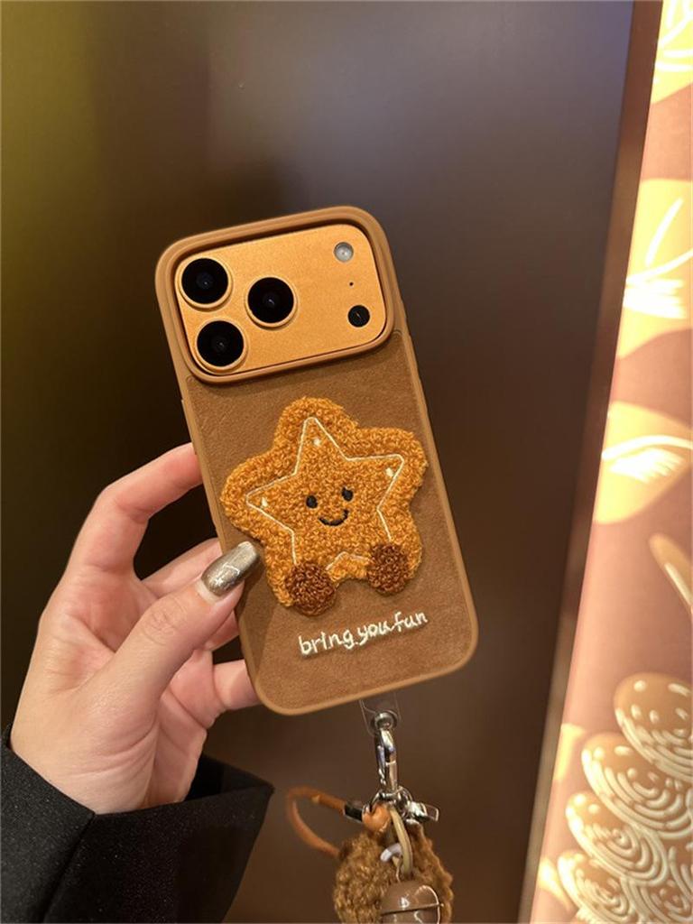 Embroidered Plush Star Case for iPhone 17/16 Pro Max/15/14 - Brown, Autumn/Winter Edition