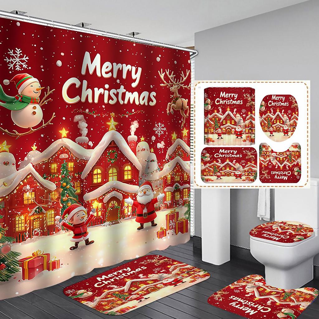 4Pcs Christmas Shower Curtain Set with Rug Toilet Lid Cover Bath Mat Bathroom Decoration Set Non-Slip Funny Shower Curtain Set