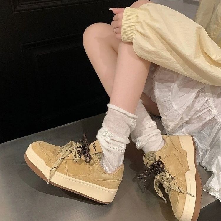 Niche Tide Double Color Ribbon Women's New Thick Sole Heightening Versatile Casual Sports Shoes Skateboard Shoes