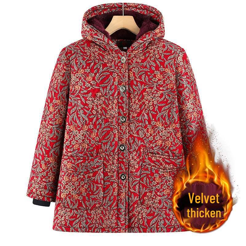 

Warm Fleece-Lined Hooded Cotton Jacket for Senior Women - Plus Size 4XL (130-145 kg)