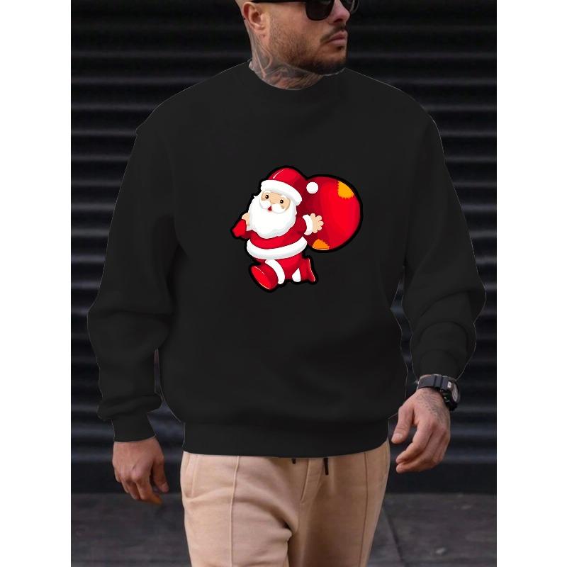 Men's Casual Crew Neck Sweatshirt with Santa Claus Carrying a Bag Print 100% Cotton Printed Long-Sleeve Crew Neck Pullover