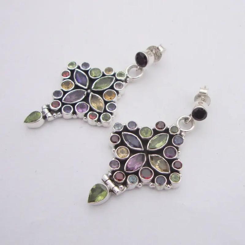 Vintage Oval Round Inlaid Purple Green Stone Flower Earrings Geometric Creativity copper Color Dangle Earrings for Women Jewelry
