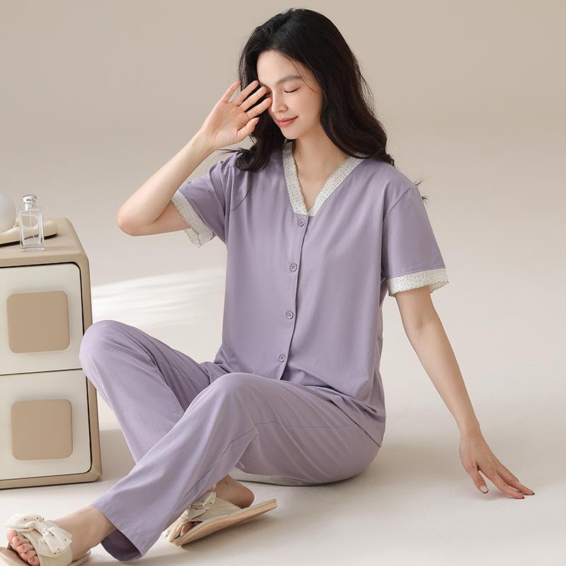 Cardigan pajamas women's summer pure cotton short-sleeved trousers can be worn outside summer women's elegant temperament loungewear suit