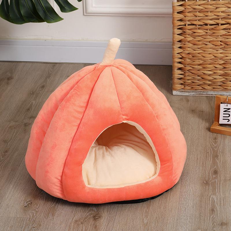 Winter Warm Cat Nest Pumpkin Shape Cat Bed Enclosed Cozy Pet Sleeping House Comfortable Cat Sleeping Bed Washable Kitten Home