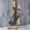 Women Plus Size V Neck Long Sleeve Star Swirl Print A Line Midi Dress With Pockets
