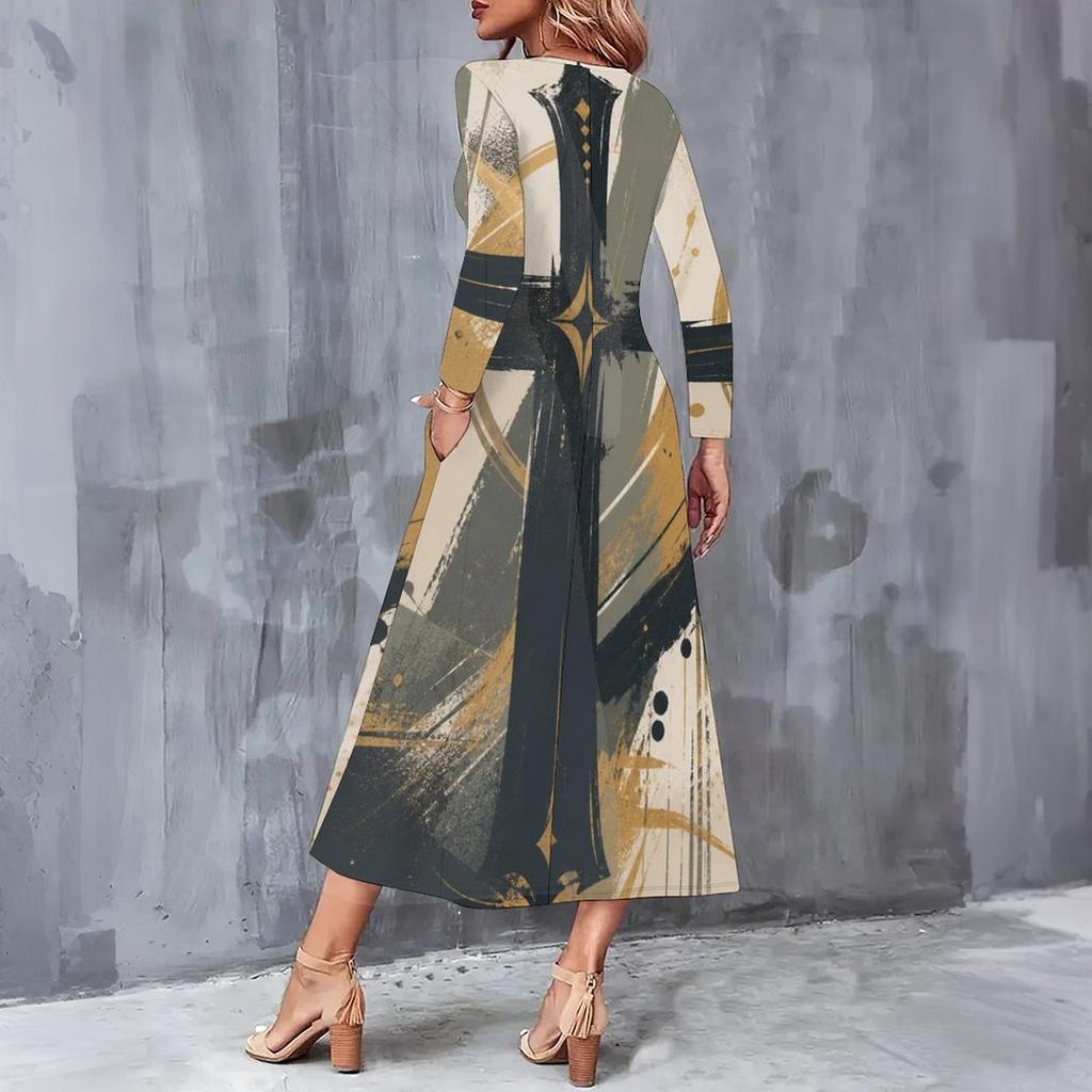 Women Plus Size V Neck Long Sleeve Star Swirl Print A Line Midi Dress With Pockets