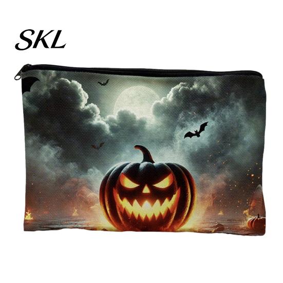 Large Capacity Pencil Pouch Halloween Storage Bag, Cosmetic with Pumpkin Small Toiletries Organizer Castle Skull Print, Smooth Zipper Thickened Canvas
