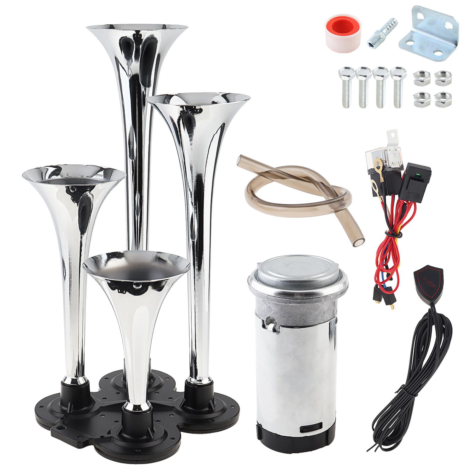 

12V 185дБ Супергромкий Музыкальный Пневмосигнал с Четырьмя Дудками, с Компрессором, Кнопкой Переключения, Серебристый для Автомобилей, Грузовиков, Лодок, Мотоциклов