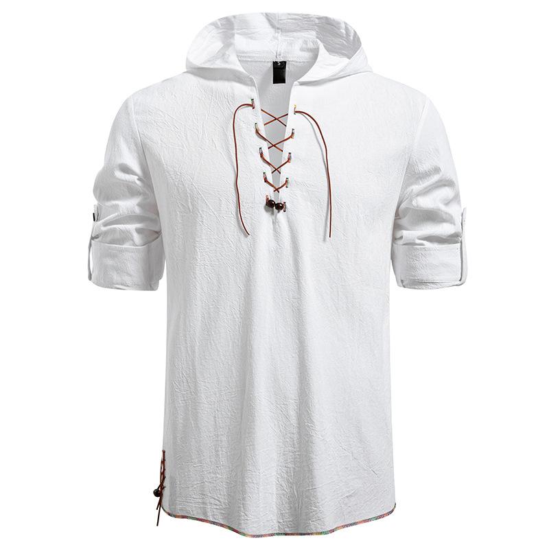 Męska koszula ze sznurowaniem i kapturem, casualowa bluzka retro dla mężczyzn, wiosna lato, regulowany rękaw, wielokolorowa męska bluzka