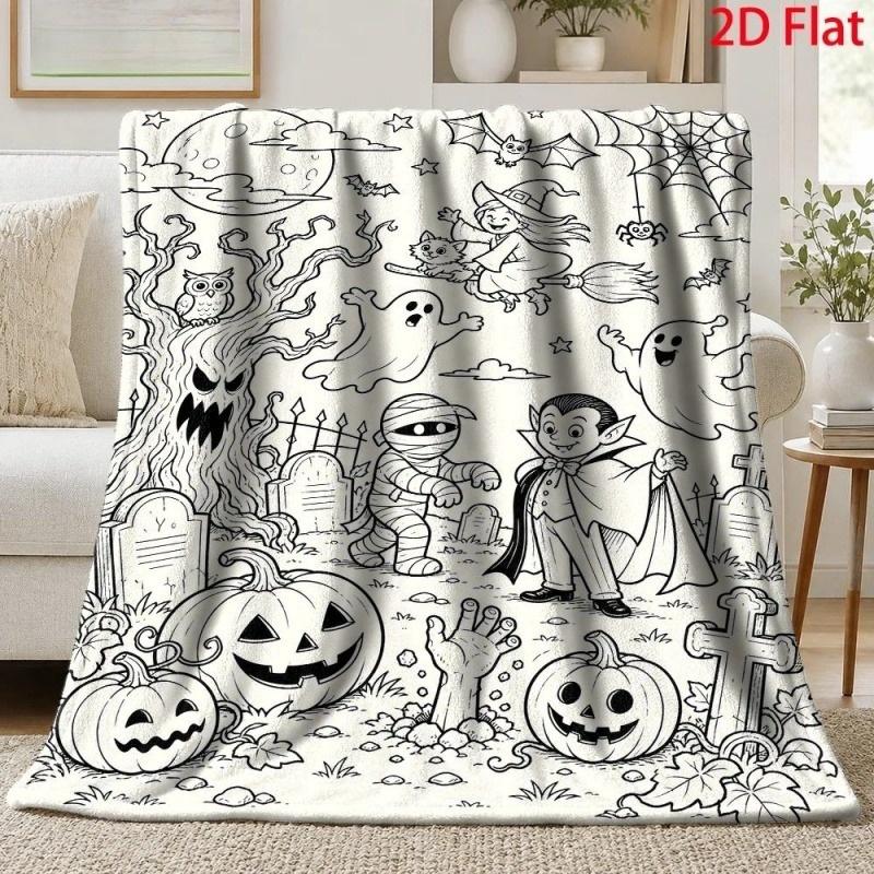 Flannel Throw Blanket Halloween Line Art Ghost Mummy Vampire Pumpkin Graffiti Style Soft Portable Bed Throw Blanket
