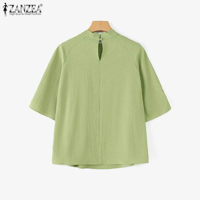 ZANZEA Women Casual Stand Collar Loose 3/4 Sleeve Solid Blouse