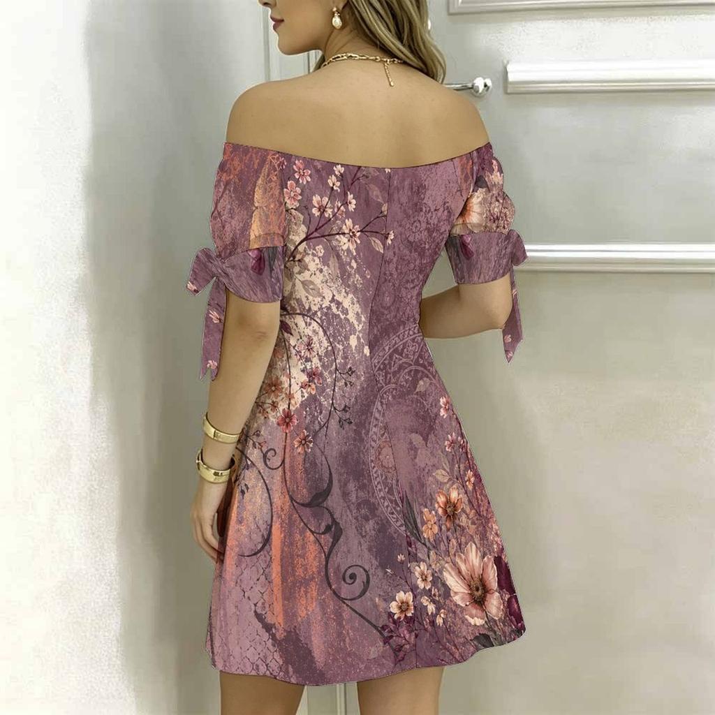 Women Plus Size Off Shoulder Short Sleeve Tie Cuff Floral Printed A Line Dress