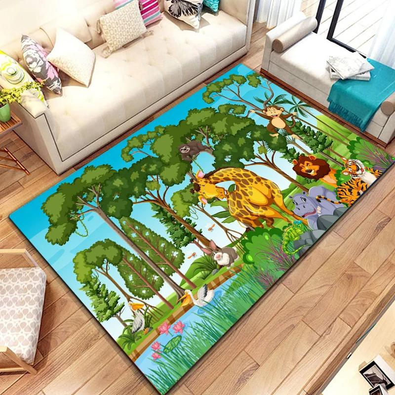 Dzikie Zwierzę Kreskówkowe Dywanik Obszarowy, Dywan ze Zwierzętami Safari Afrykańskiego dla Dzieci, Dekoracja Pokoju Kawaii, Mata Wejściowa, Mata Podłogowa Dzikie Zwierzęta Dżungli
