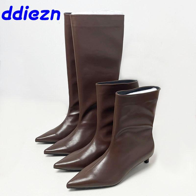 Fashion Brown Footwear Female Slip On Shoes Knee High Boots For Ladies Fashion Pointed Toe Women Ankle Western Boots With Low Heel Shoes