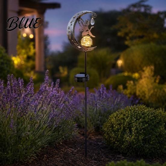 Outdoor Hummingbird Decor Moon Solar Light Metal Crescent with Crackle Glass Ball Garden Landscape Lighting Stake Pathway Light for Yard Patio Lawn