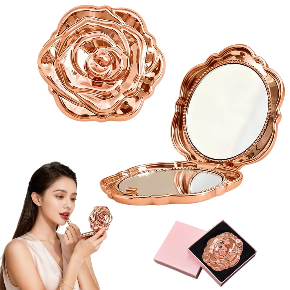 

Folding Makeup Mirror Rose-Shaped Compact Double Small Lightweight Easy Carry Suitable Outings Dates Parties Wedding Gift Birthday Present Daily Use
