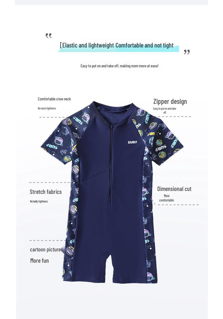 Kids' 2025 Quick-Dry Conservative One-Piece Swimsuit - Boys' Korean Style, Short-Sleeve, Sun Protection, Sporty Design
