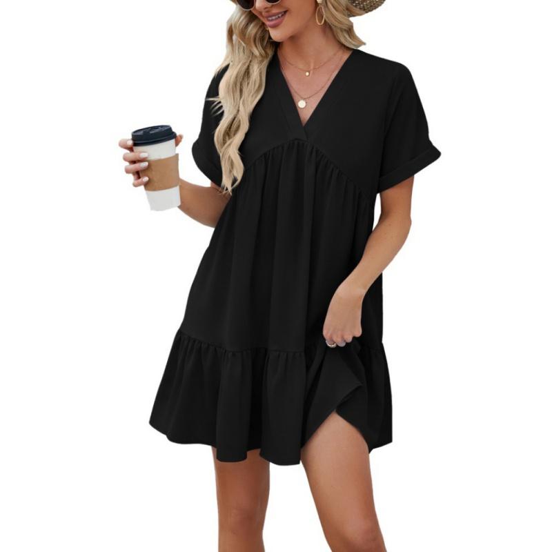 

Женское плиссированное платье с коротким рукавом и v-образным вырезом до колена, однотонное повседневное платье L