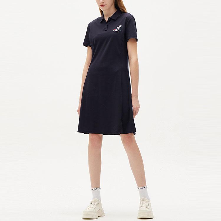 Fila Letter Brand Logo Pattern Casual Fashion Elegant A-Line Short Sleeve Dress Women Dresses Legendary-Blue F11W128310FNV