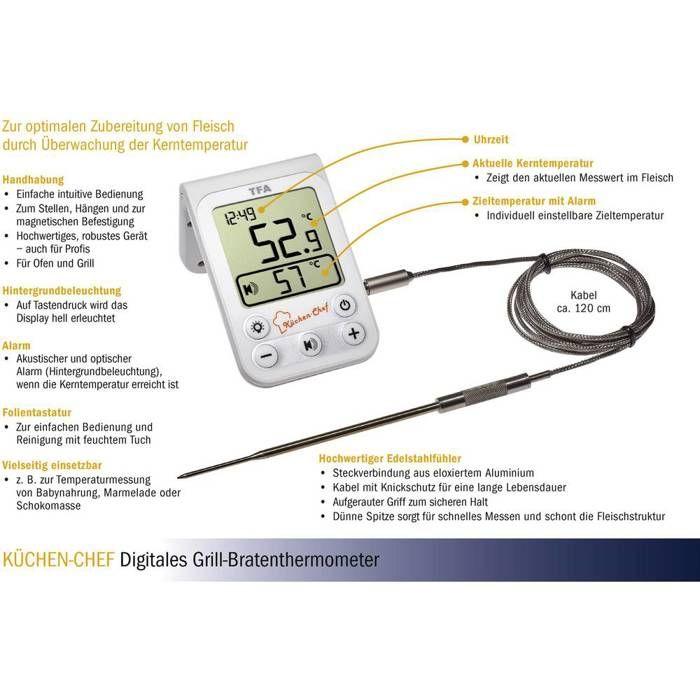 TFA Dostmann 14.1510.02 Thermomètre de barbecue surveillance de la température à coeur, capteur filaire rôti, grillade,