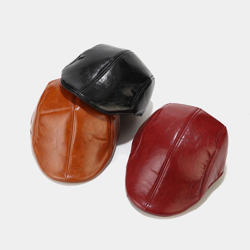 Hats men's and women's autumn and winter PU leather fully sealed beret simple versatile British forward hat tooling cap tide