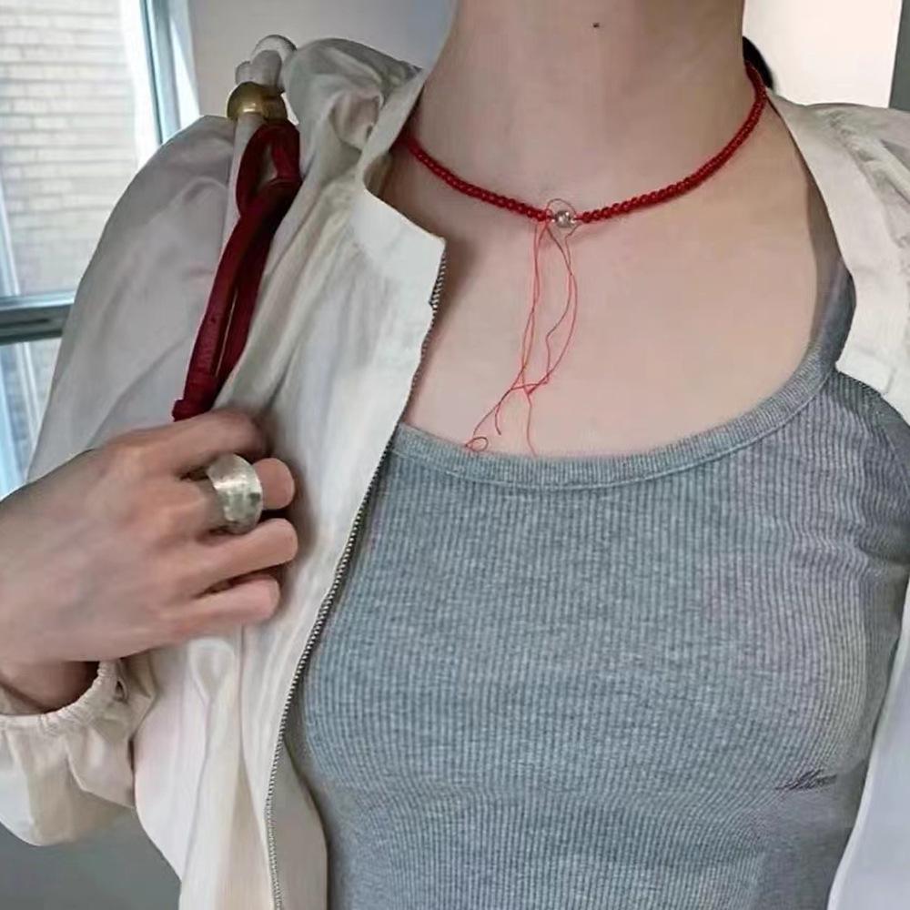 Mona Style Retro Coral Red Beaded Choker Necklace
