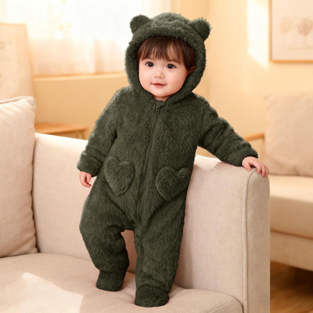 Baby Plush Warm One-Piece Bear Hooded Zipper Children's Solid Color Sleepsuit