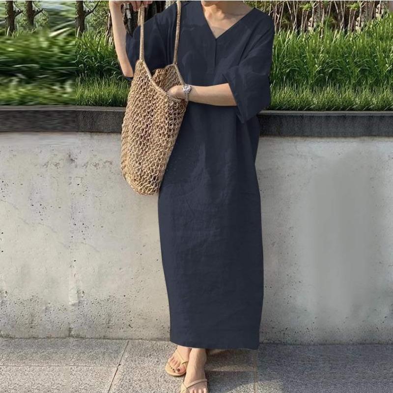 Summer Fashion Short Sleeved V-neck Elegant Vest Dresses Casual Solid Color Loose Long Dress for Women