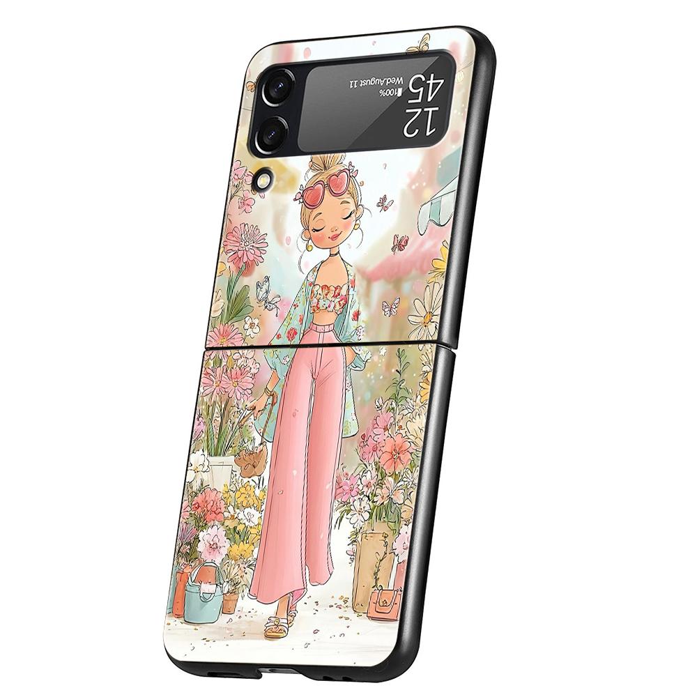 Hard PC Phone Case For Samsung Galaxy Z Flip 7 6 5 4 Black Cover For Galaxy Z Flip 3 Foldable Shockproof Capas Cartoon Girl Bags
