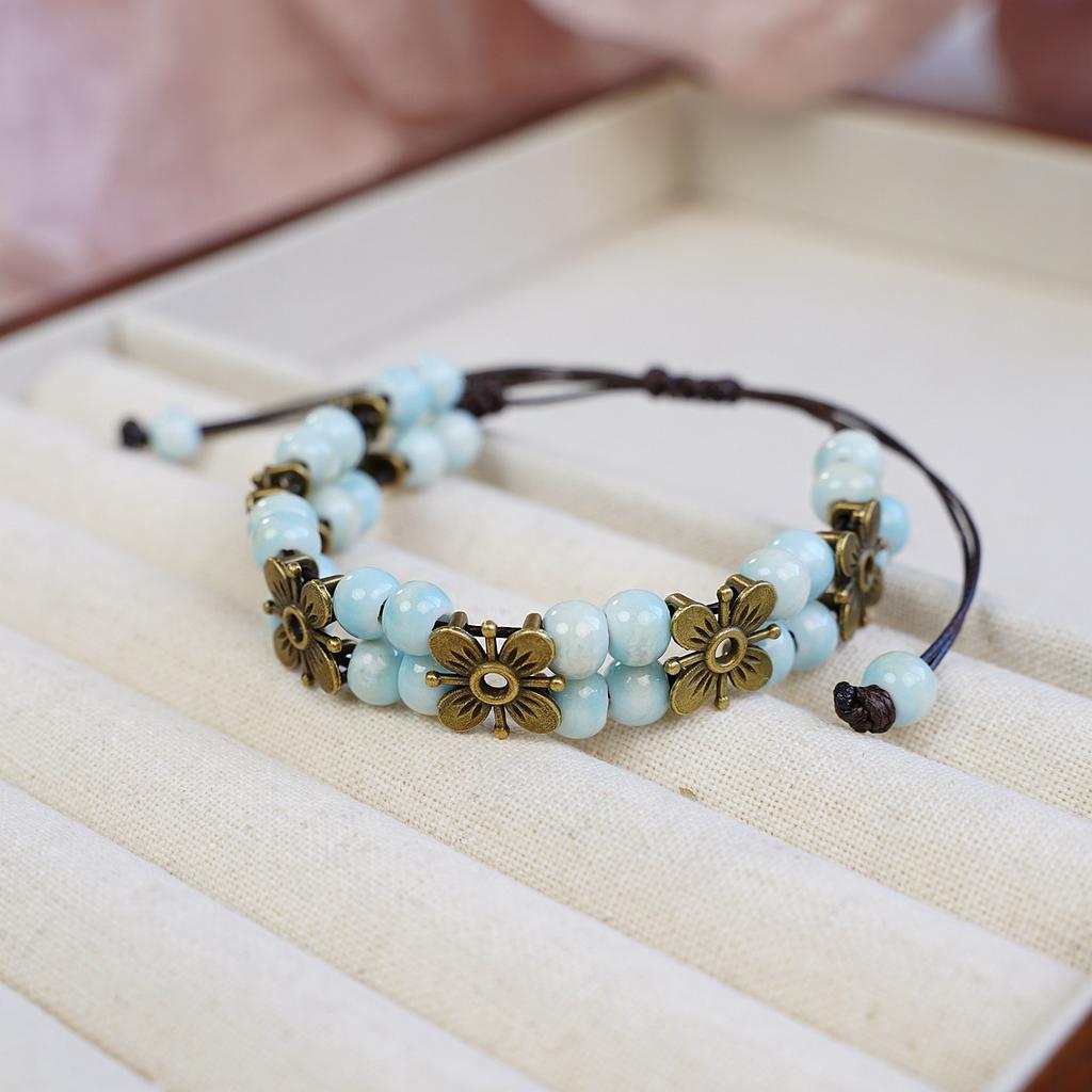 Cute Trendy Four-leaf Flower Double Layer Beaded Ceramic Bracelet for Women Charm  Adjustable Handmade Rope Weaving Jewelry Gift