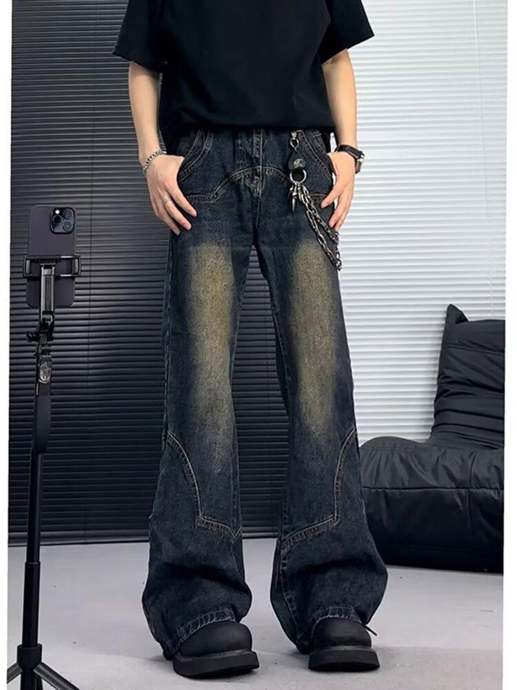 Retro Design Sense Splicing Wide-leg Tooling Jeans Men's and Women's Loose Spring and Autumn Mid-waist Thin and Slightly Straight-leg Pants
