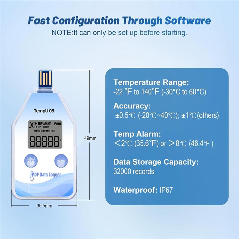 IP67 Waterproof USB Digital Temperature Data Logger 5-Pack Auto PDF/CSV Reports For Cold Chain Monitoring Single Use