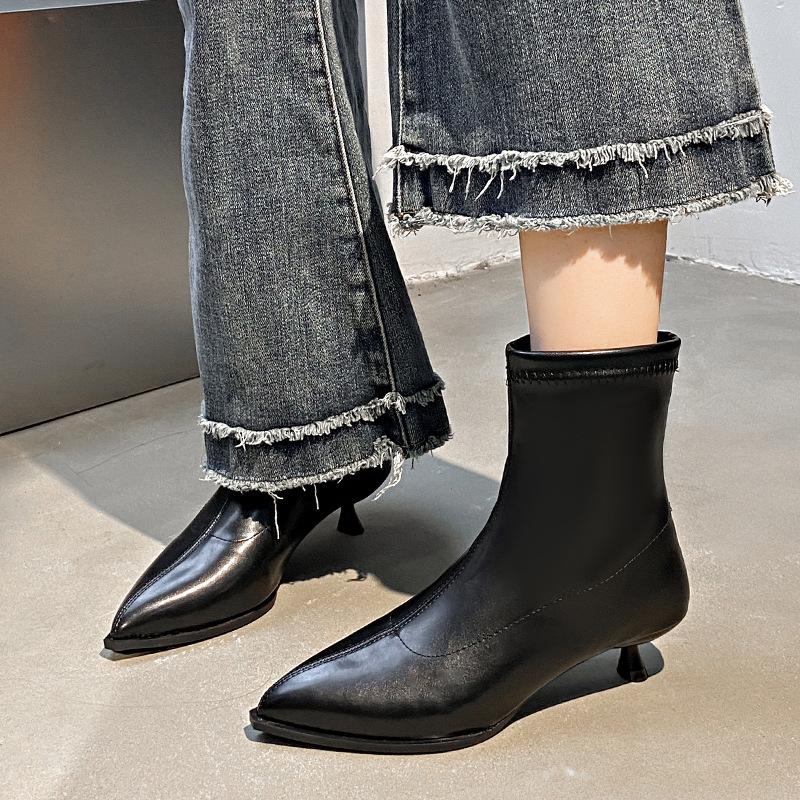 Hot Selling French Leather Boot 2025 Autumn New Women's Fashion Single Boots Pointed Toe, Thin Heel Mid Heel, Sleeve Short Boots